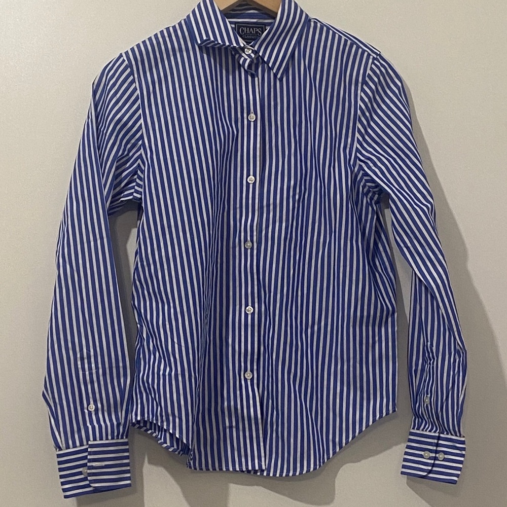 Chaps blue striped button up shirt.